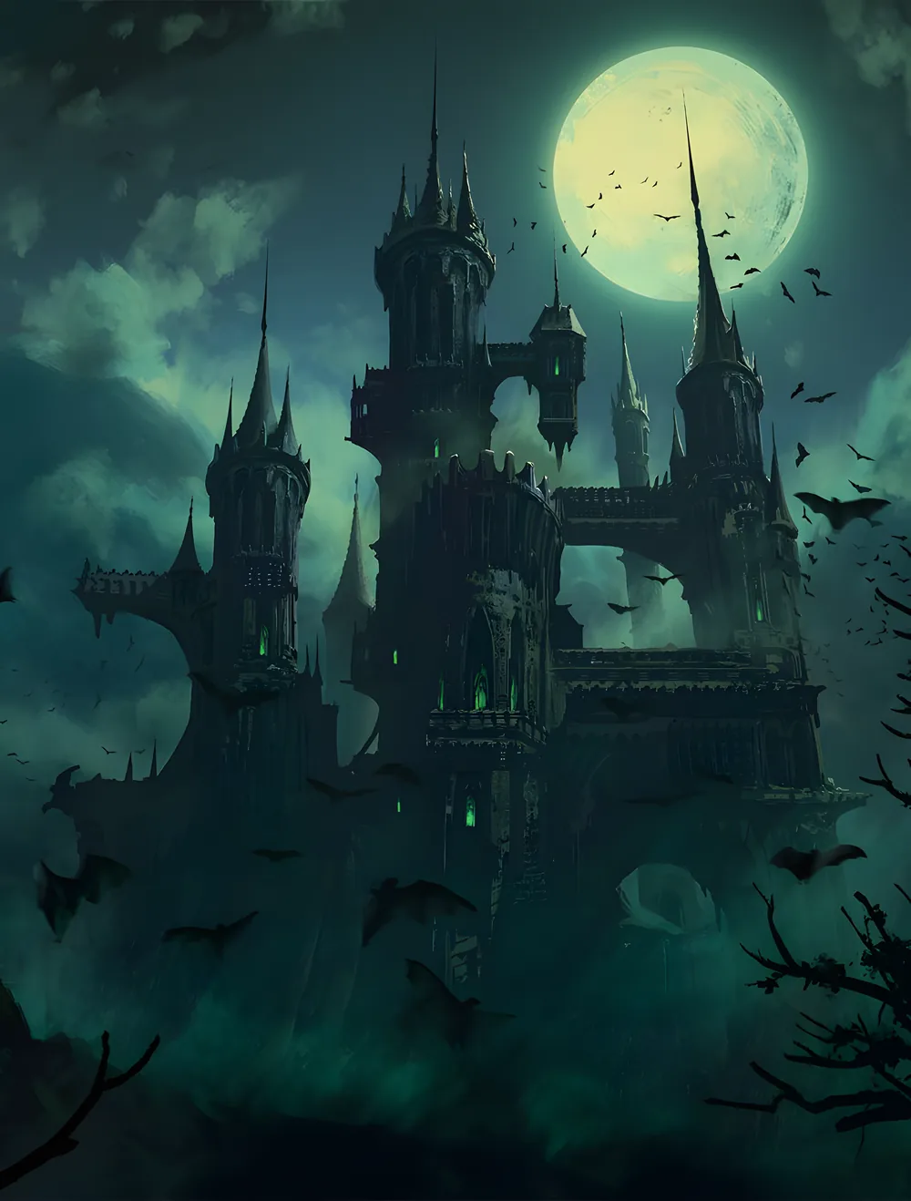 A gothic castle on a crag under a full moon