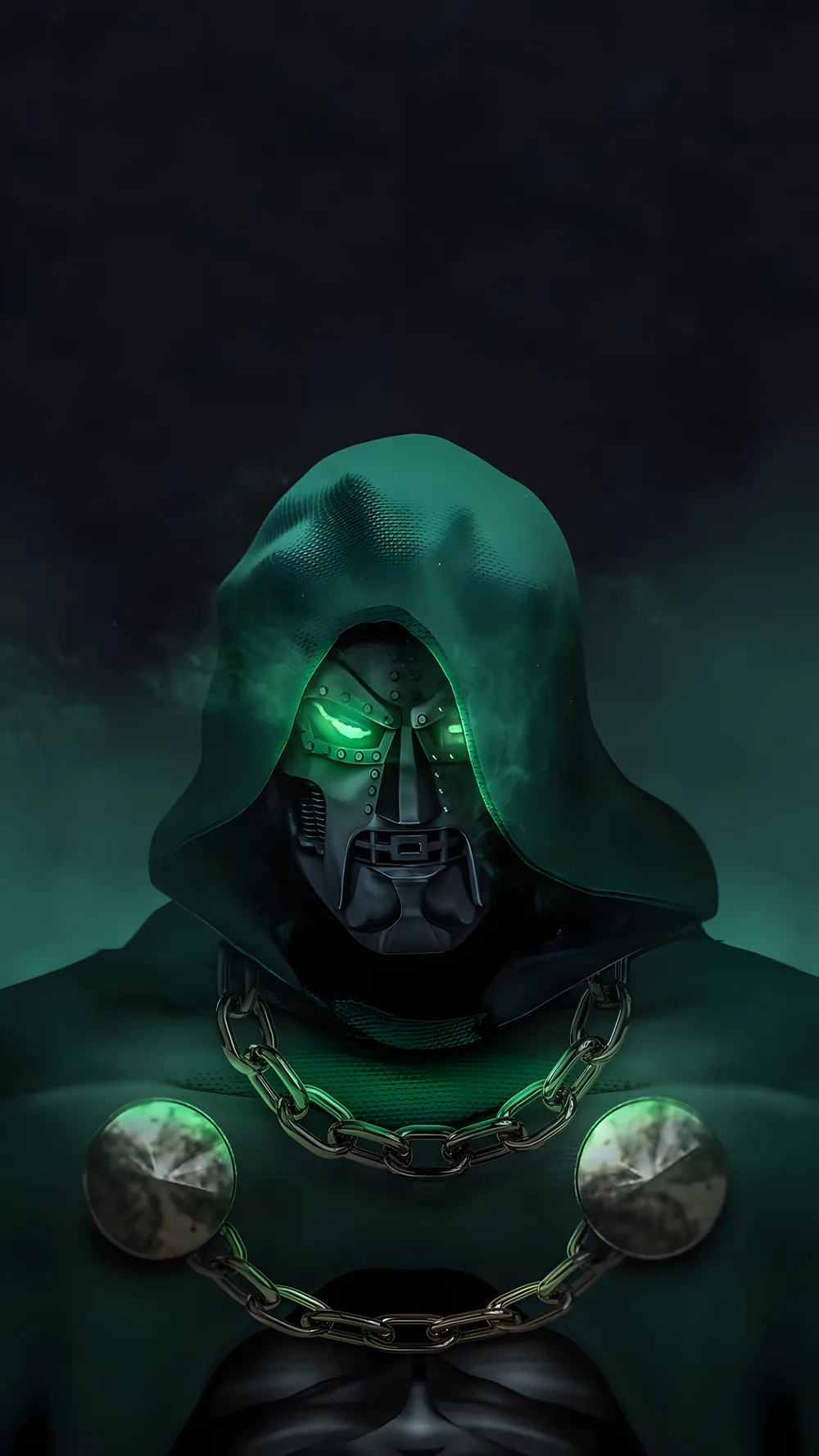Doom's mask in a green hood, eyes glowing, chains across his chest