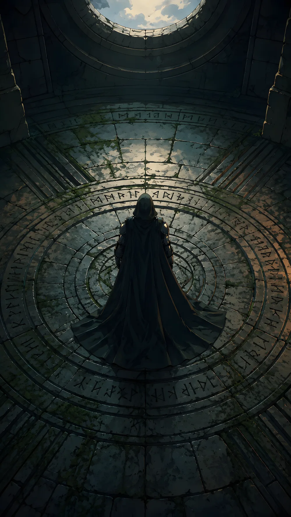 Doom seen from behind on a vast floor of runes beneath an open oculus