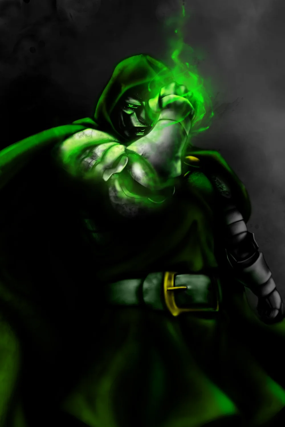 Doom's mask in a green hood, armoured hands reaching out of blue sorcery